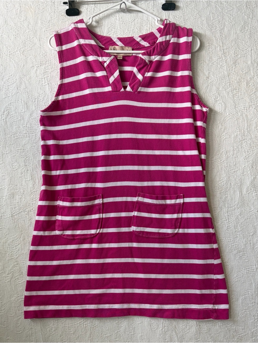 Striped Sleeveless Tank Dress/Beach Cover Up with Front Pockets - Pink & White